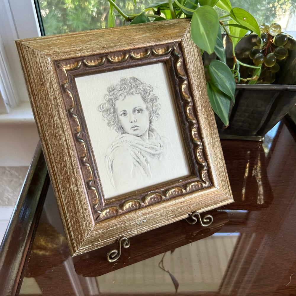 Vintage The Divine Shepherd by Bartolomé Esteban Murillo Framed Pencil Drawing